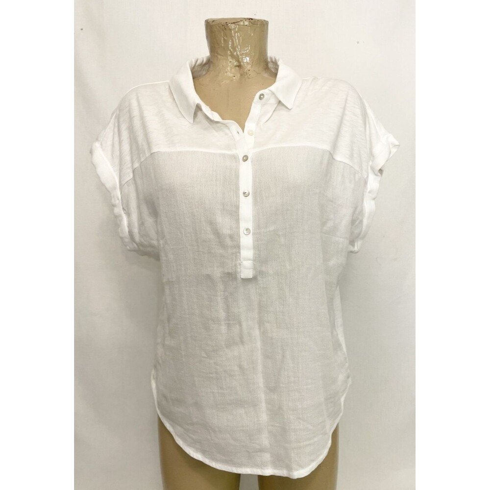 NEW Lucky Brand Shirt L Large 42" Solid White Short Sleeve Rayon Top Casual